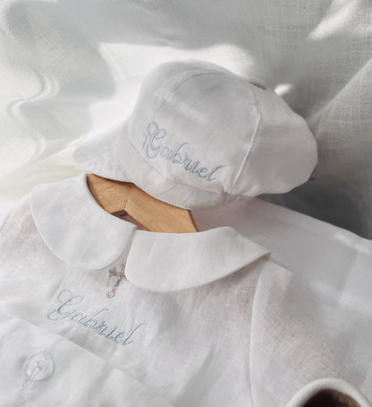 Linen Baptism peter pan collar bubble romper with optional embroidery customisation