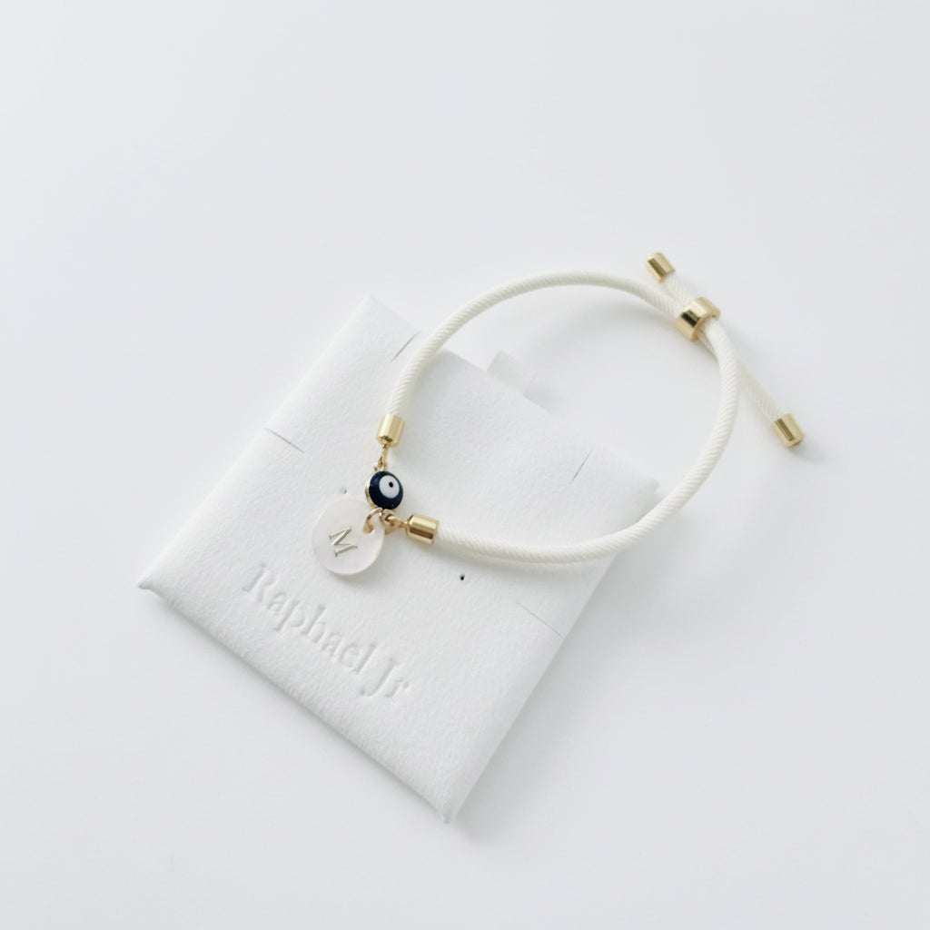 Evil eye bracelet white rope with gold clasps and optional charm