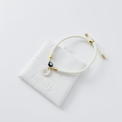 Evil eye bracelet white rope with gold clasps and optional charm