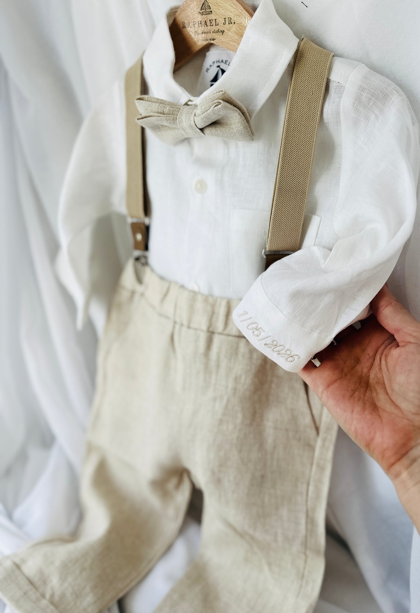 Boys Pale Blue chambray Jacket and beige Linen pants suit