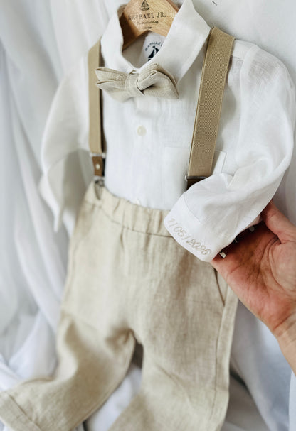 Beige Linen full length suit with pants, shirt, jacket and accessories