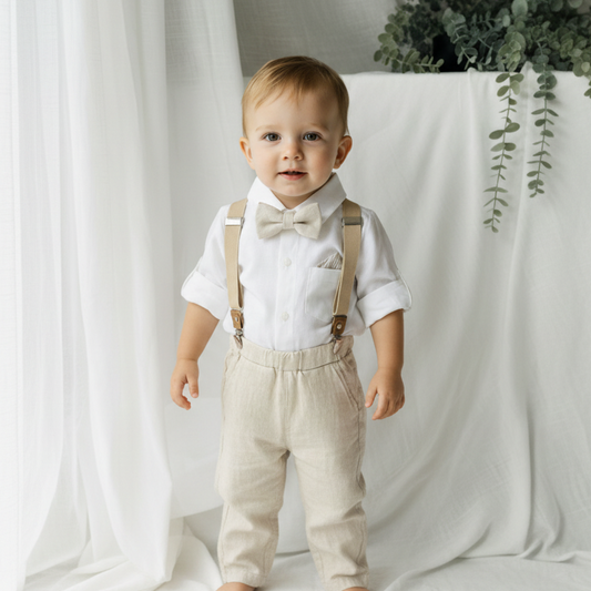 Beige linen pants and shirt set with bowtie and suspenders and optional personalisation
