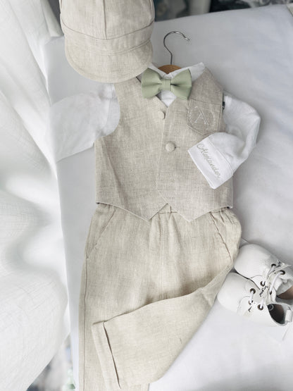 Beige Linen vest suit, shirt, pants, suspenders and bowtie plus optional jacket, cap and shoes