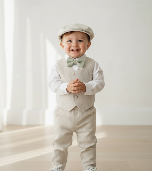 Beige Linen Outfit with vest, shirt, pants, suspenders and bowtie plus optional jacket, cap and shoes