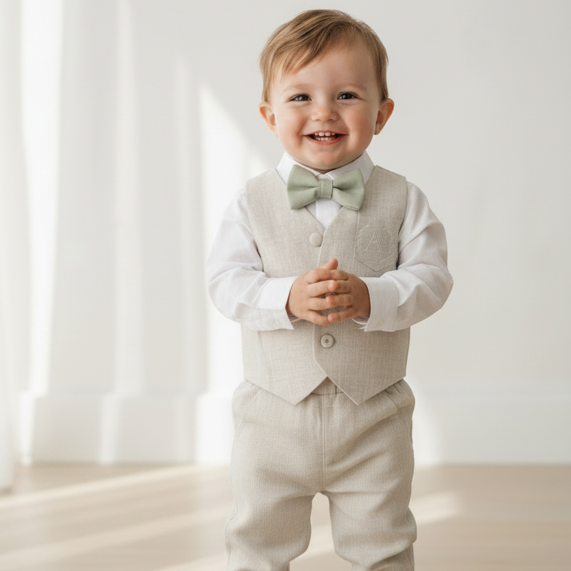 Beige Linen vest suit, shirt, pants, suspenders and bowtie plus optional jacket, cap and shoes