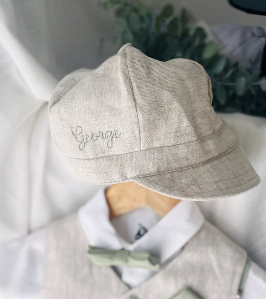 Beige linen paper boy cap for baptisms and christenings with optional embroidery