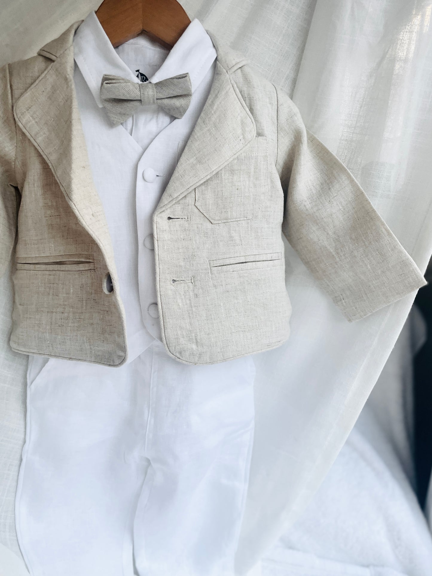 Boys White and Beige linen set with vest, shirt, pants, suspenders and bowtie plus optional jacket, cap and shoes