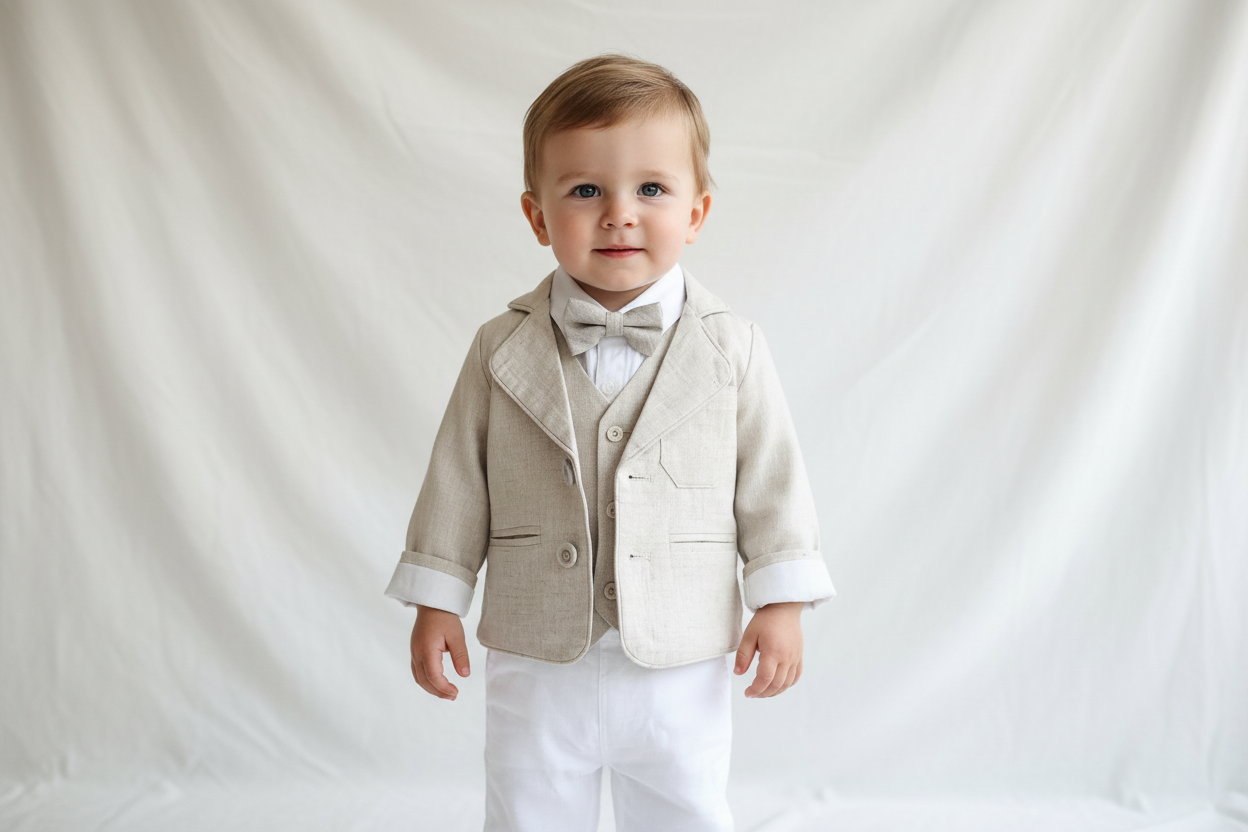 White linen vest suit with beige linen jacket and accessories