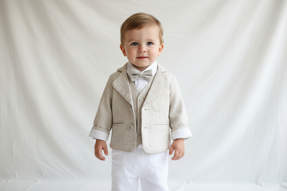 White linen vest suit with beige linen jacket and accessories
