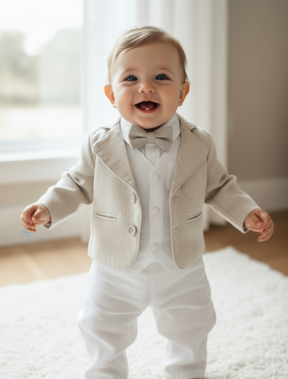 White linen vest suit with beige linen jacket and accessories