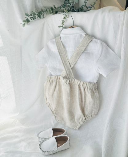 Baby and Toddler boys blue and white linen baptism and birthday romper and shirt set