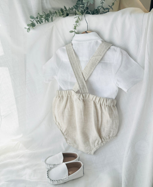 Baby and Toddler boys beige and white linen baptism romper and shirt set