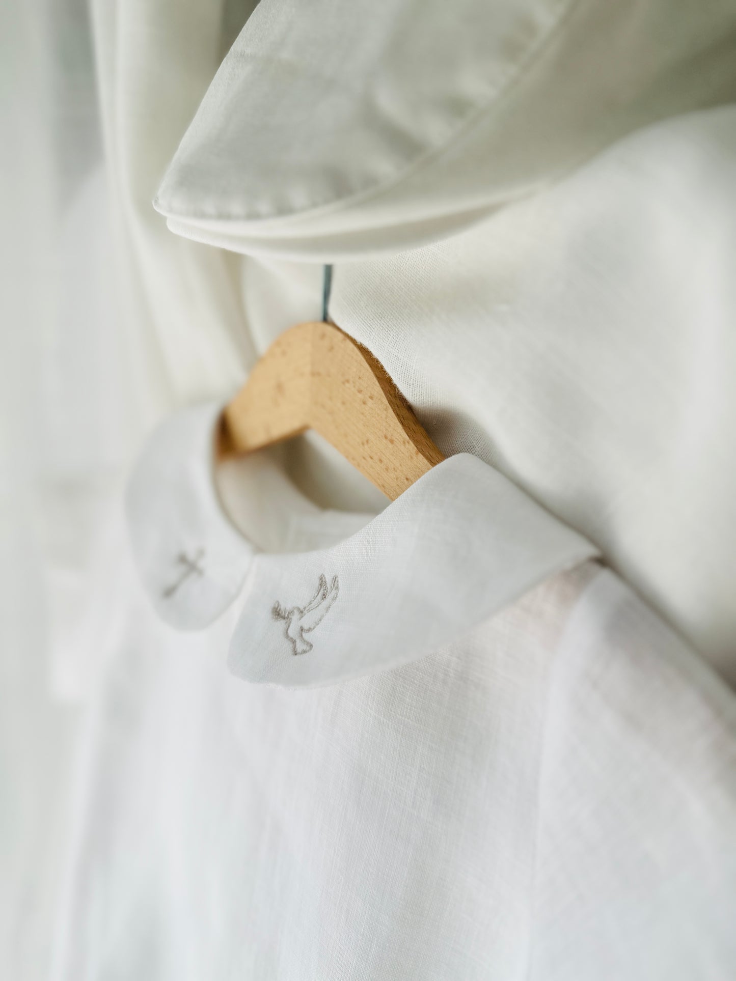 Boys white and grey linen baptism outfit with bloomers and blouse shirt
