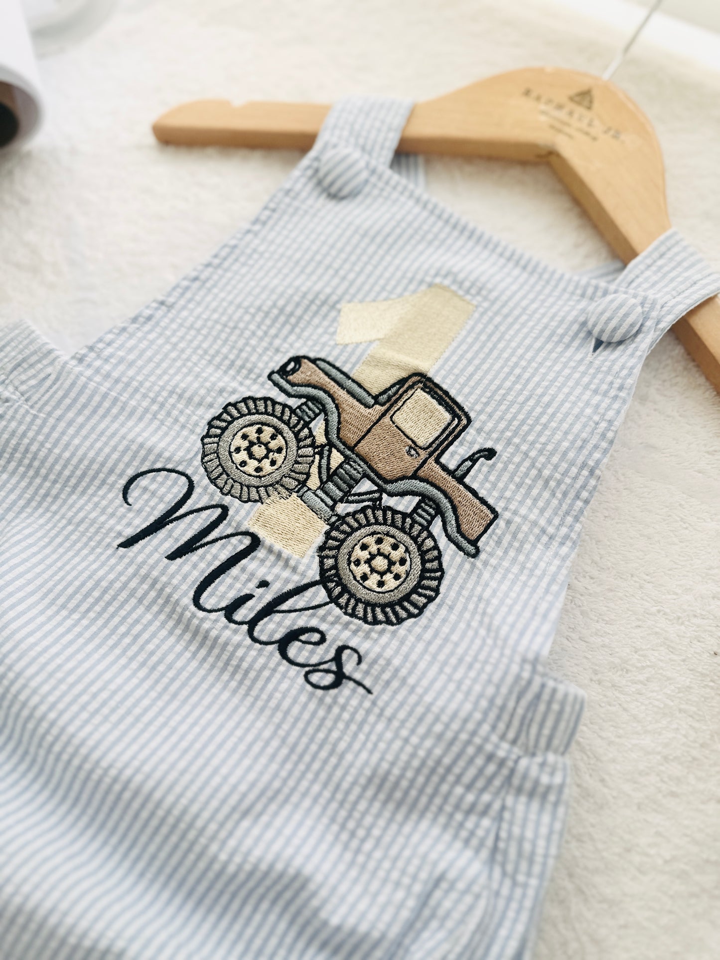Boys Blue Seersucker teddy bear First Birthday romper