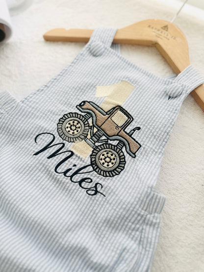 Boys Blue Seersucker teddy bear First Birthday romper