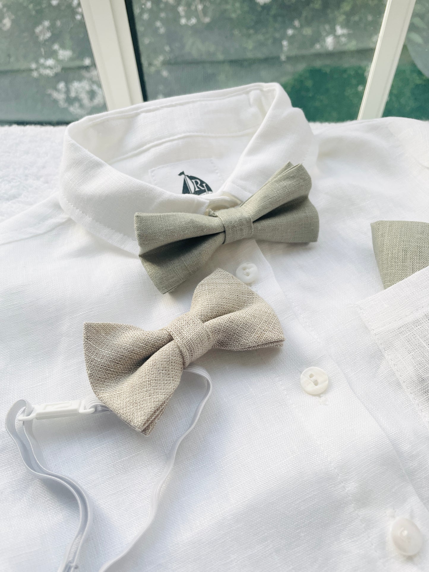 White and Beige Linen set with vest, shirt, pants, suspenders and bowtie plus optional jacket, cap and shoes