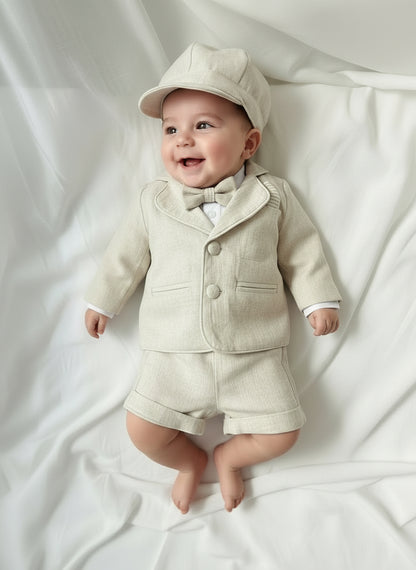 Beige Linen Baptism outfit with suspender shorts, shirt, and bow tie plus optional jacket and embroidery