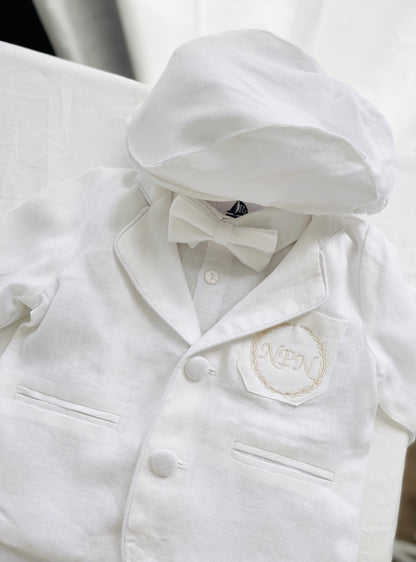 White linen Baptism suit set with pants, shirt, suspenders and bowtie plus optional jacket and extras