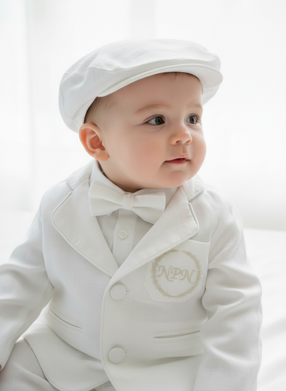 White linen Baptism suit set with pants, shirt, suspenders and bowtie plus optional jacket and extras