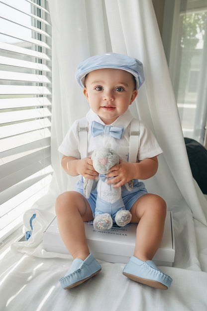 Boys pale blue shorts with linen shirt, blue suspenders and bow tie outfit plus optional extras