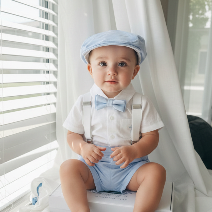 Boys pale blue shorts with linen shirt, blue suspenders and bow tie outfit plus optional extras