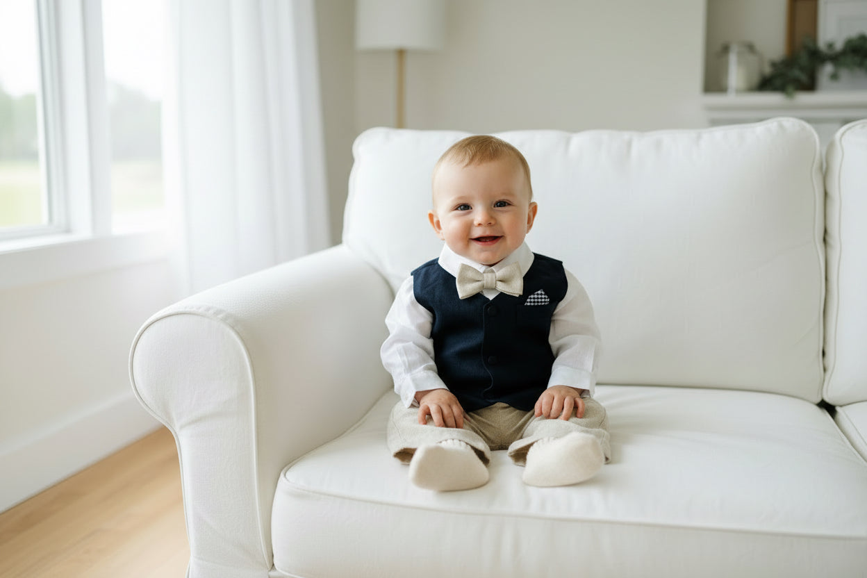 Beige linen suit with Navy blue vest