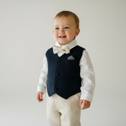 Beige linen suit with Navy blue vest