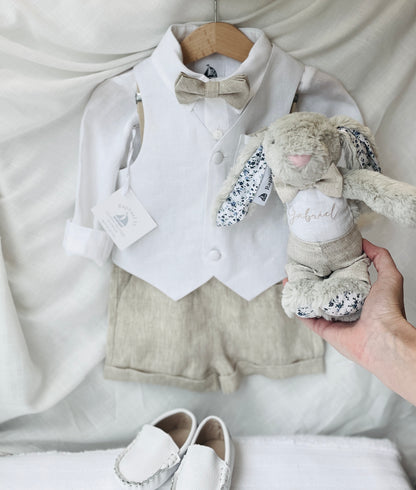 Boys white and beige linen Baptism and Wedding Outfit with vest, shirt, shorts, suspenders and bow tie