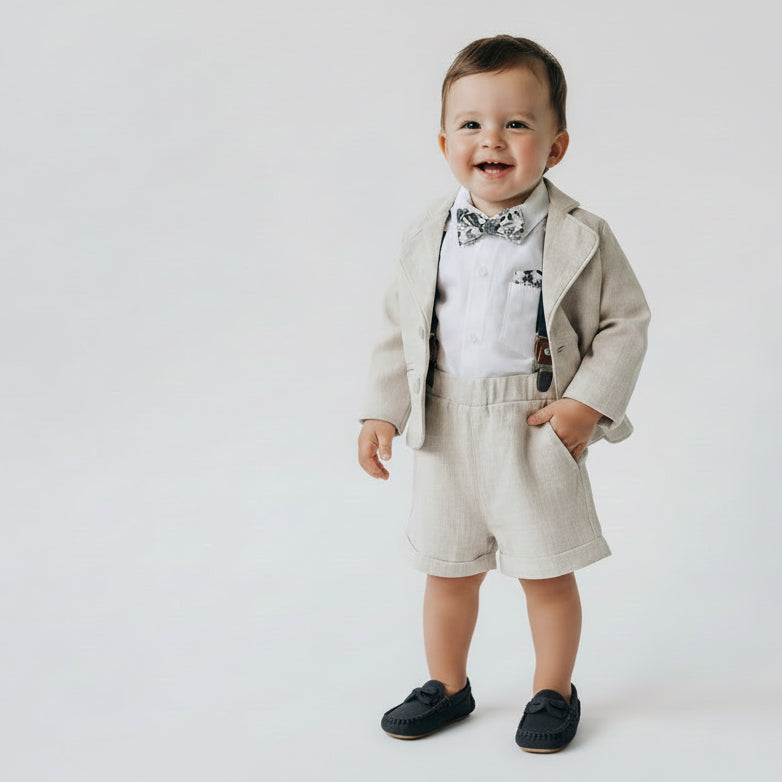 Beige Linen Summer Suit with navy blue accessories