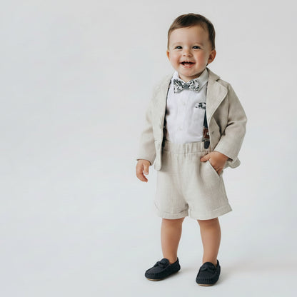 Beige Linen Summer Suit with navy blue accessories
