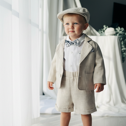 Beige Linen Summer Suit with navy blue accessories