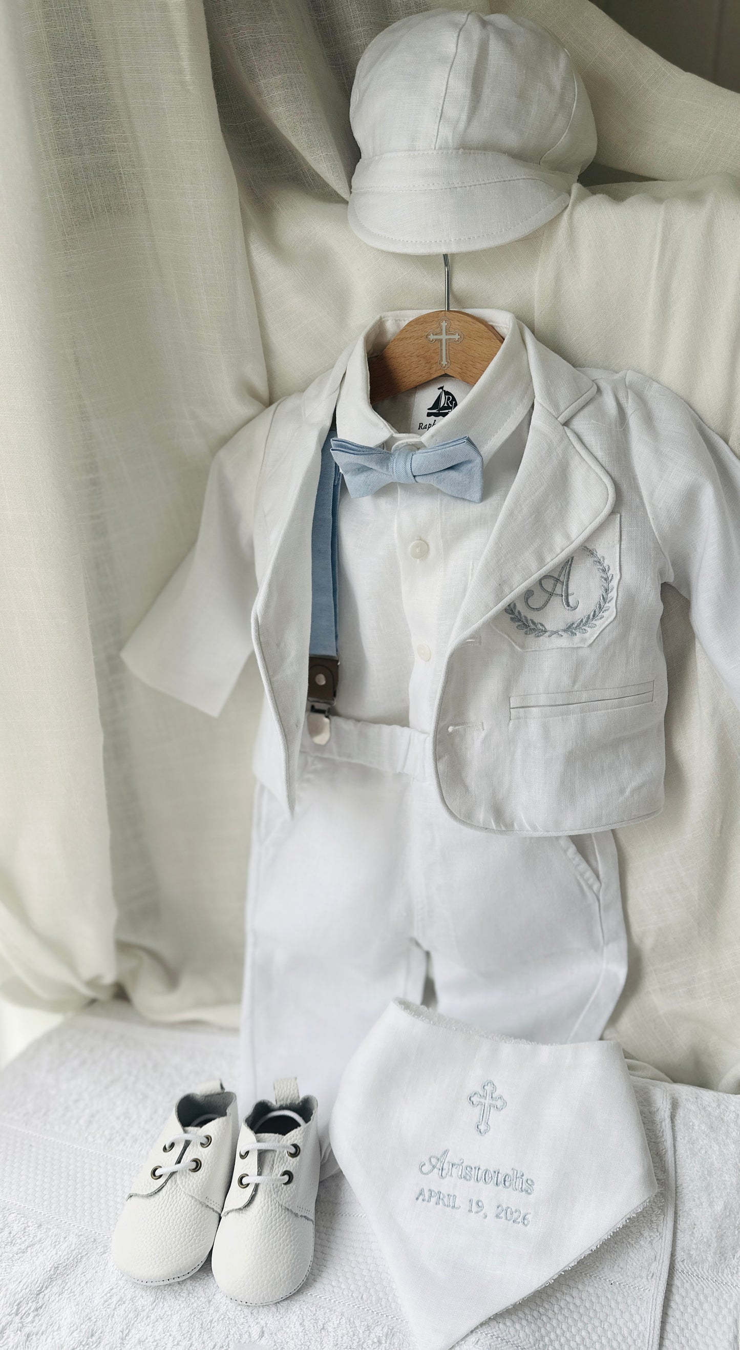 White linen Baptism suit set with pants, shirt, suspenders and bowtie plus optional jacket and extras