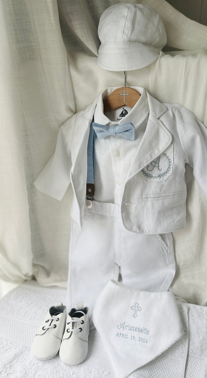 White linen Baptism suit set with pants, shirt, suspenders and bowtie plus optional jacket and extras