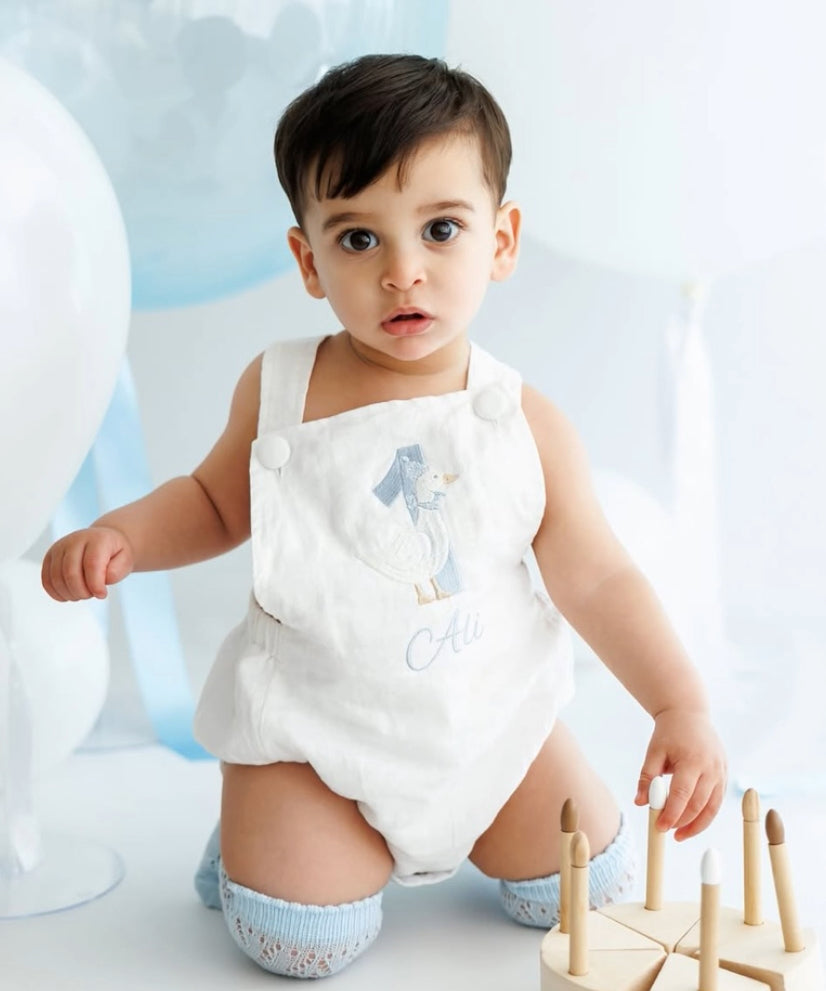 Boys White Linen romper first birthday overalls one silly goose onederful world oneder the sea and more