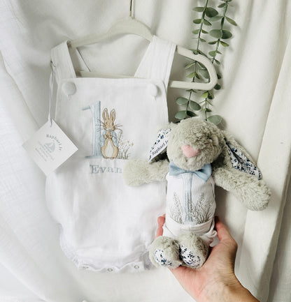 Boys Blue or white Birthday romper overalls Peter Rabbit