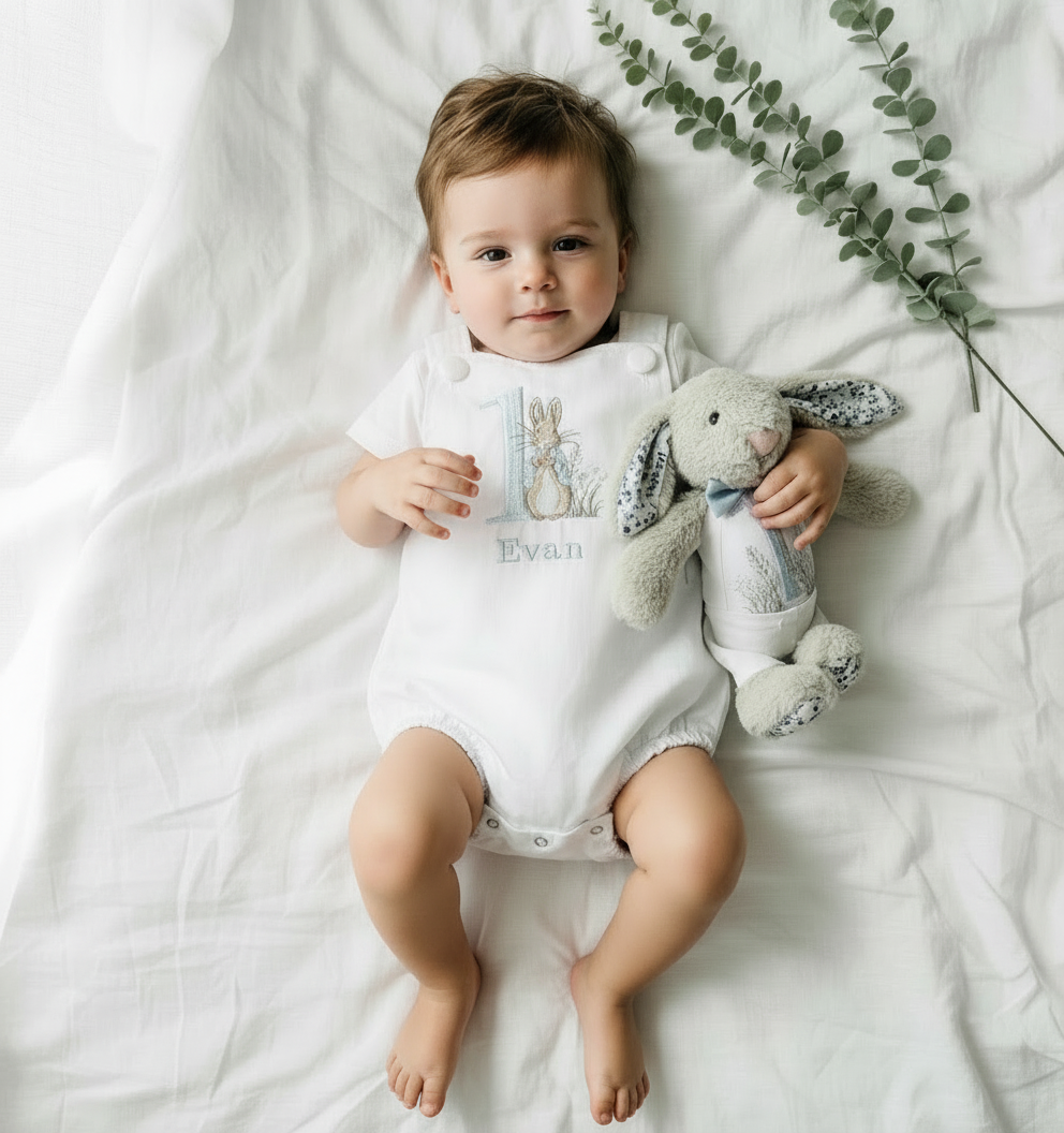 Boys Blue Seersucker teddy bear First Birthday romper