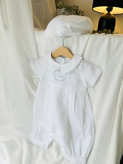 Linen Baptism 3/4 length jumpsuit with optional cardigan and embroidery