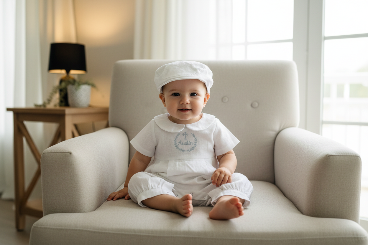 Linen Baptism romper dungaree jumpsuit with optional cardigan and embroidery