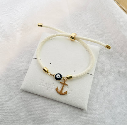 Evil eye bracelet white rope with gold clasps and optional charm