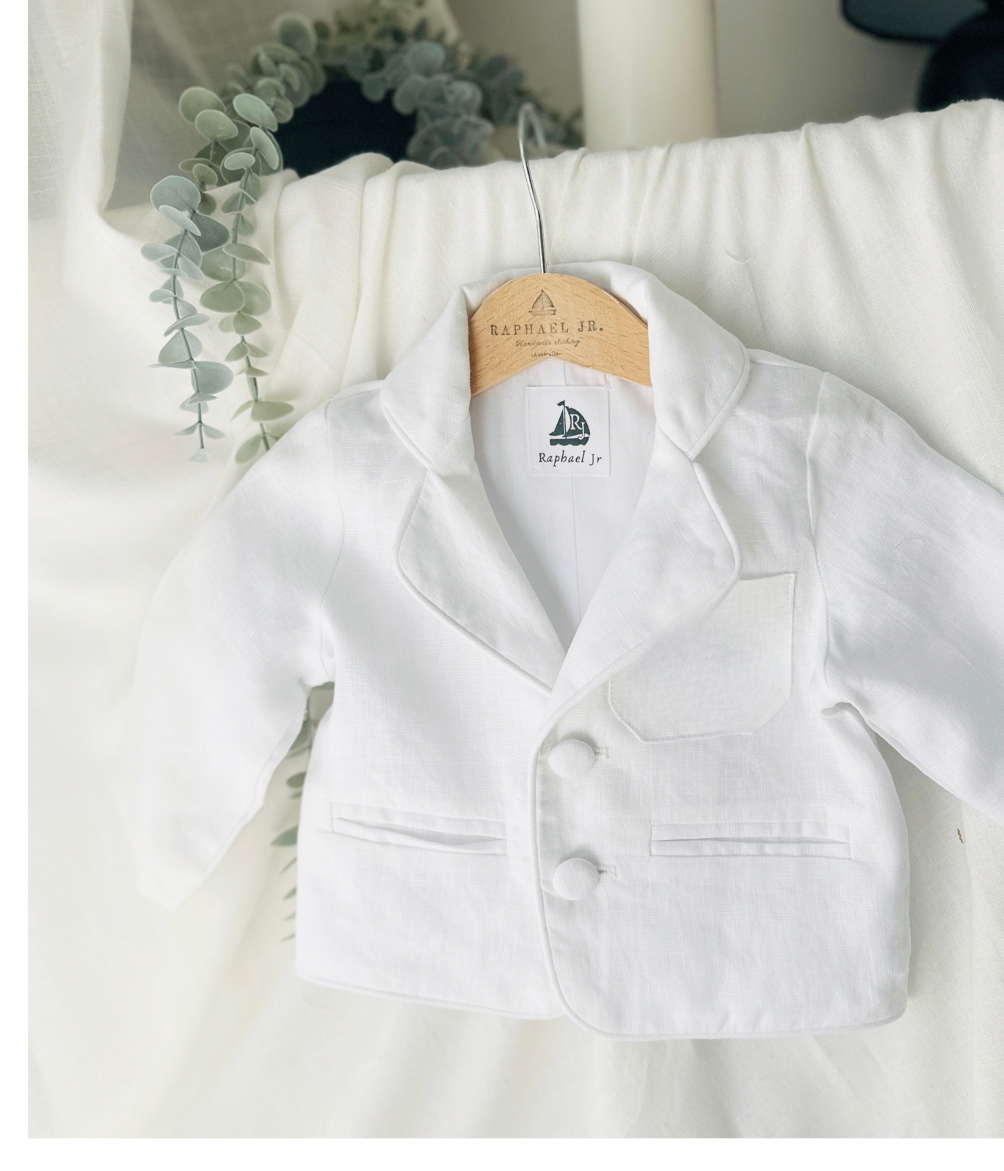 Boys White linen Baptism blazer jacket with optional embroidery