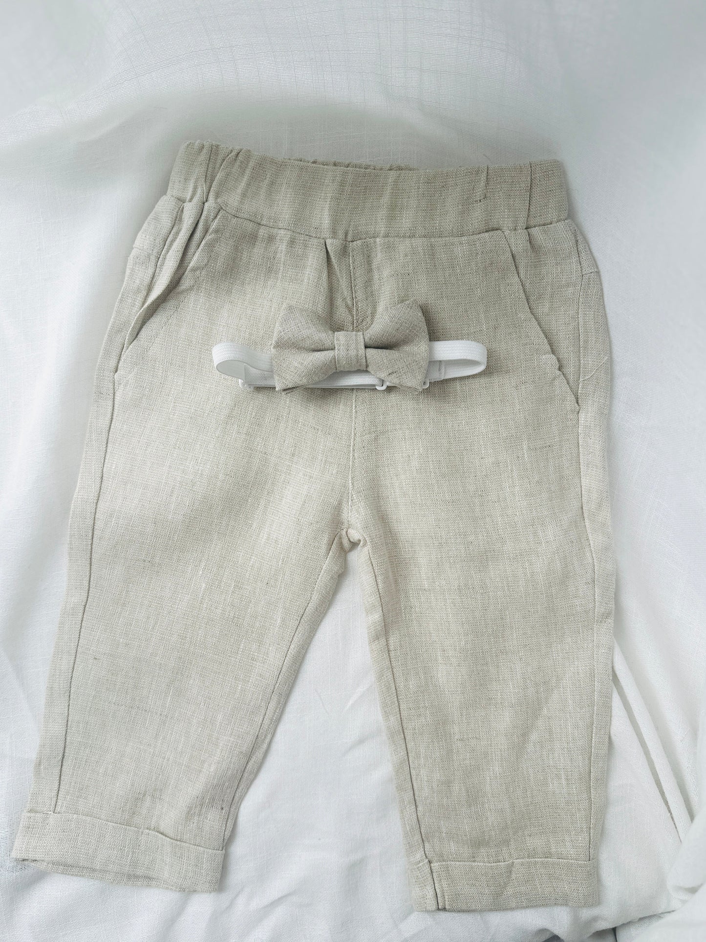 Baby and Toddler Boys beige natural pure linen pants with optional suspenders