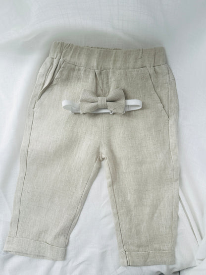 Baby and Toddler Boys beige natural pure linen pants with optional suspenders