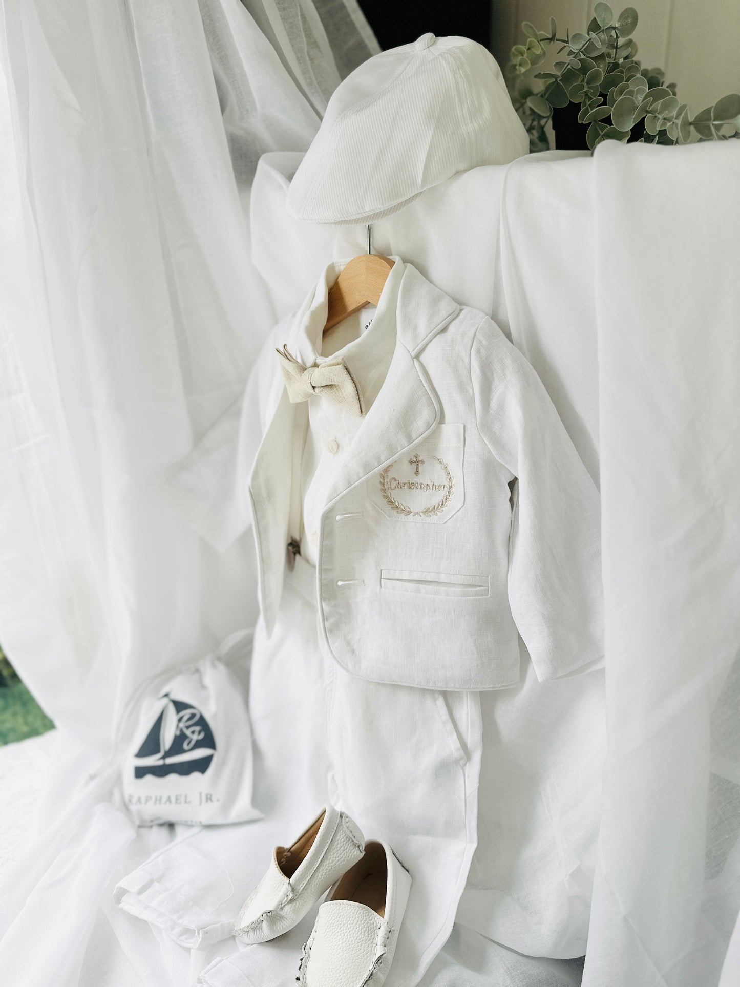 Boys white linen full 5 piece suit with vest, jacket, shirt, pants, suspenders and bow tie plus extras