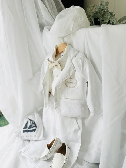 Boys white linen full 5 piece suit with vest, jacket, shirt, pants, suspenders and bow tie plus extras