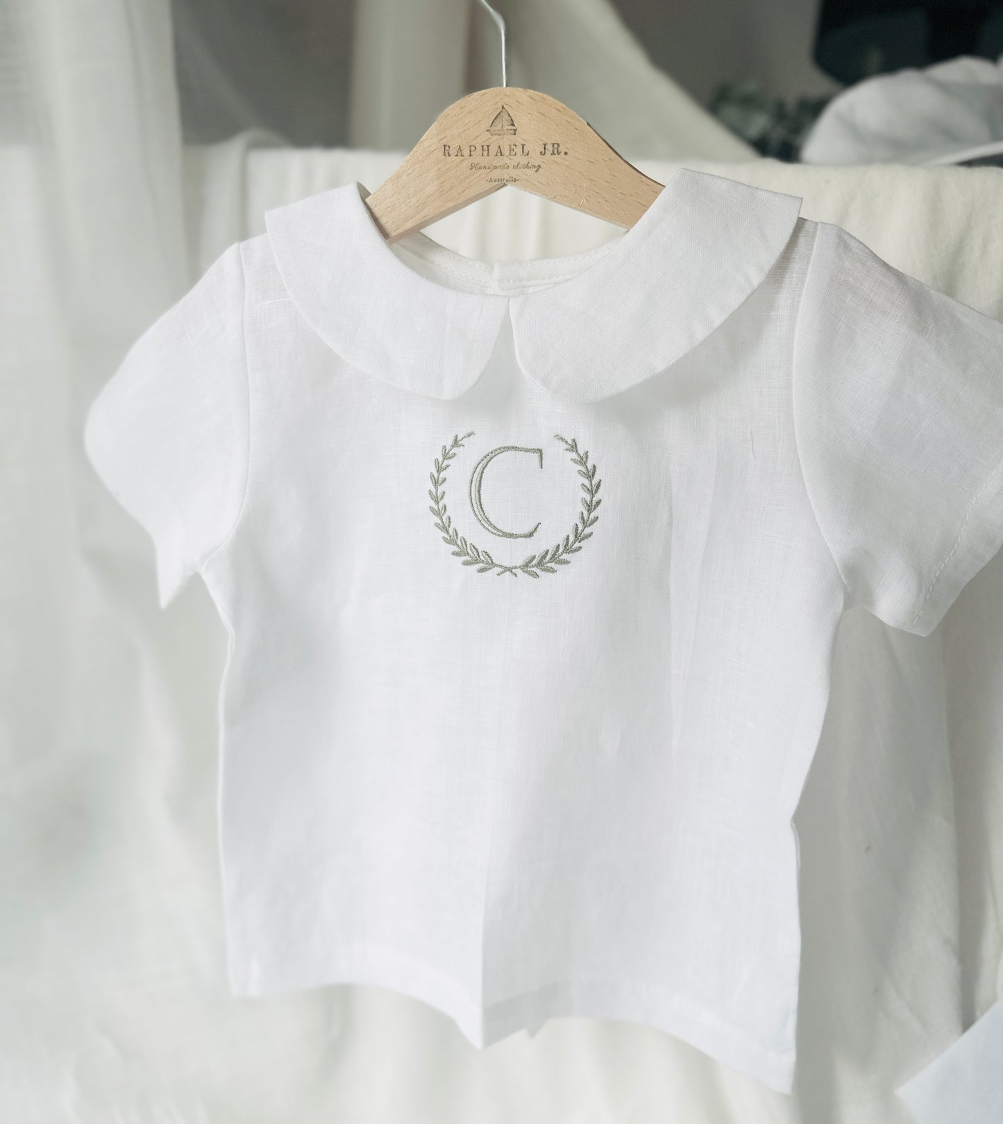 Boys white and grey linen baptism outfit with bloomers and blouse shirt