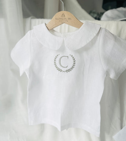 Boys white and grey linen baptism outfit with bloomers and blouse shirt