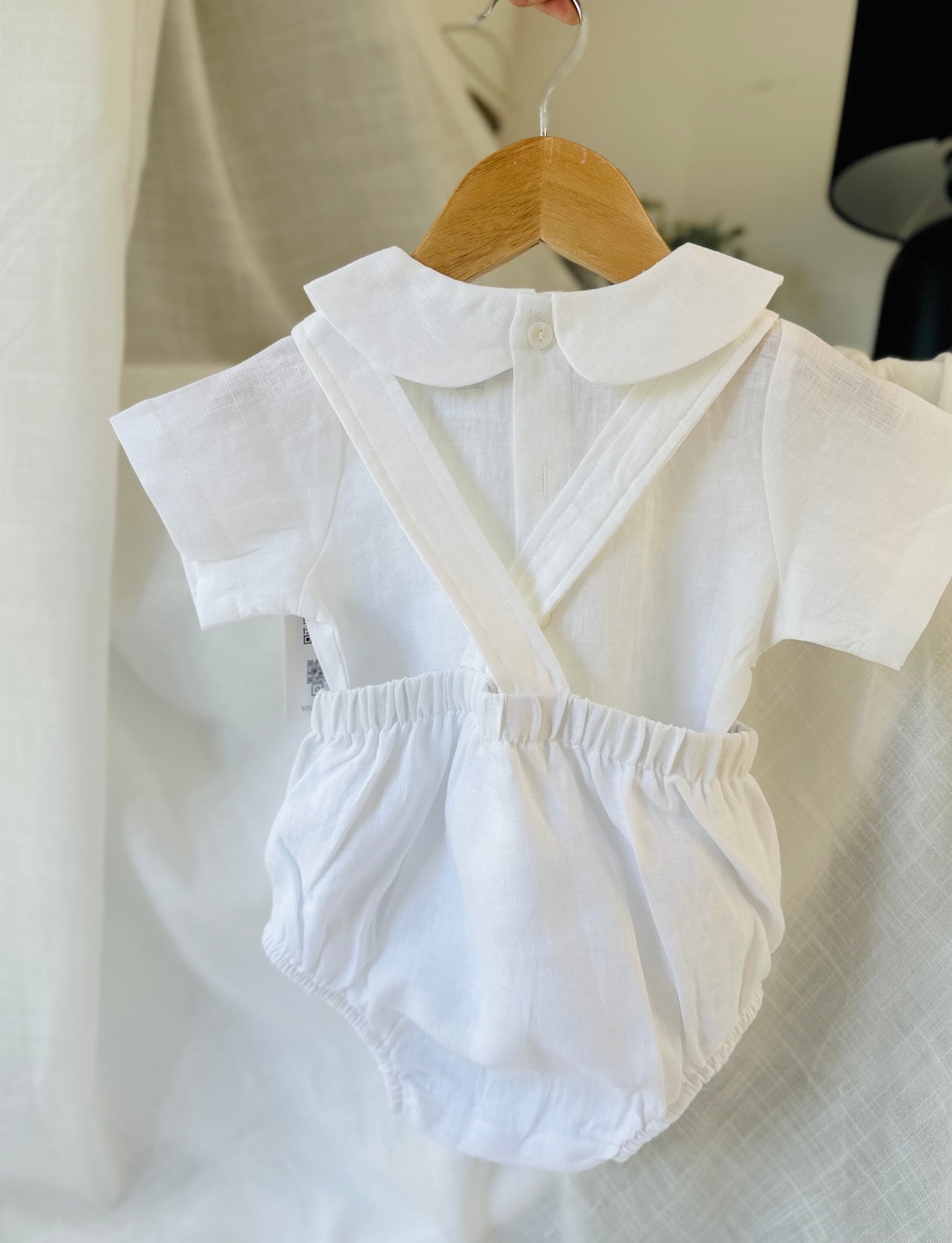 Baby white linen baptism romper overalls and blouse shirt set