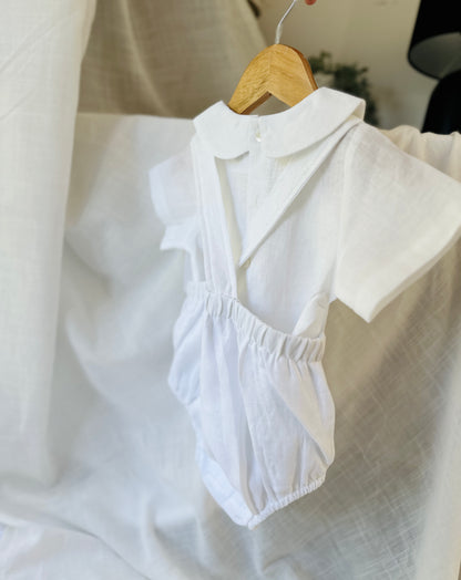 Baby white linen baptism romper overalls and blouse shirt set