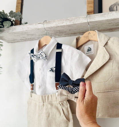 Beige Linen Summer Suit with navy blue accessories