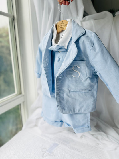 Pale blue summer vest set with blue vest, suspender shorts white shirt and blue blazer